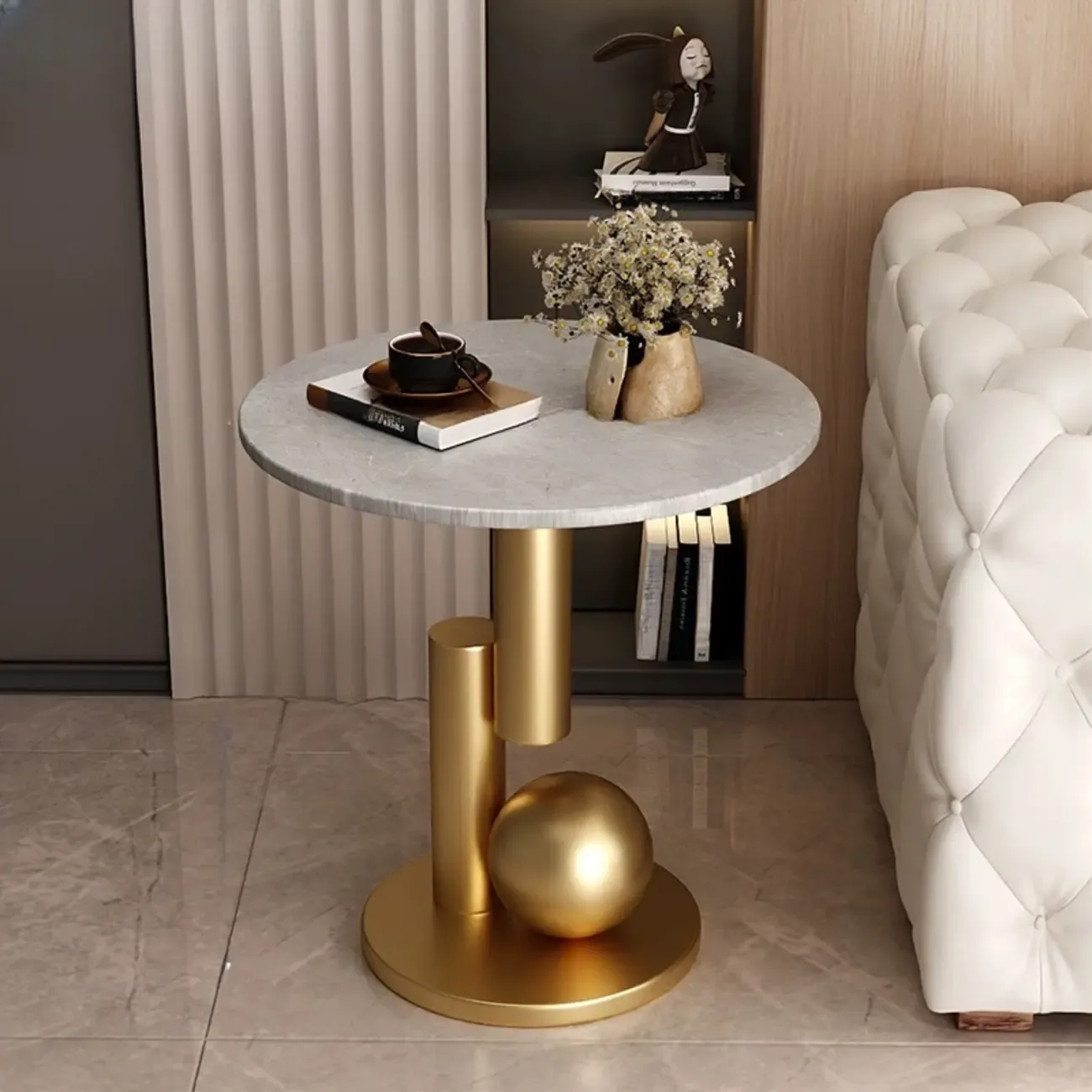 Glam Round Stone Top End Table Abstract Base Image - 15