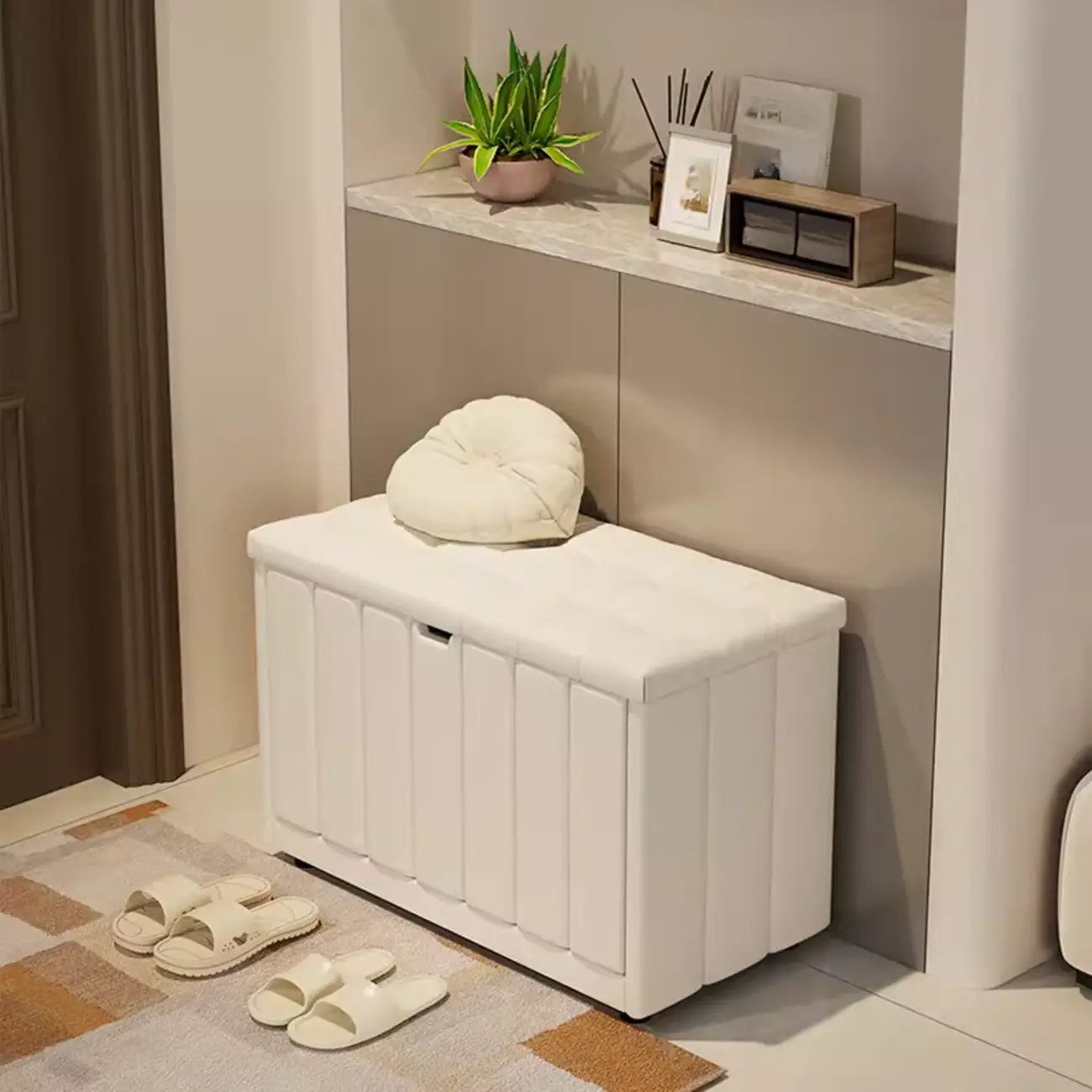 White Drop Front Wood Shoe Storage Bench with Cushion Image - 2 | homeyfad