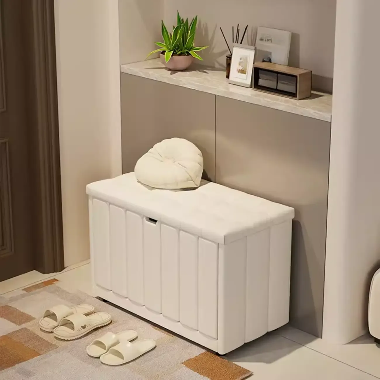 White Drop Front Wood Shoe Storage Bench with Cushion Image - 2