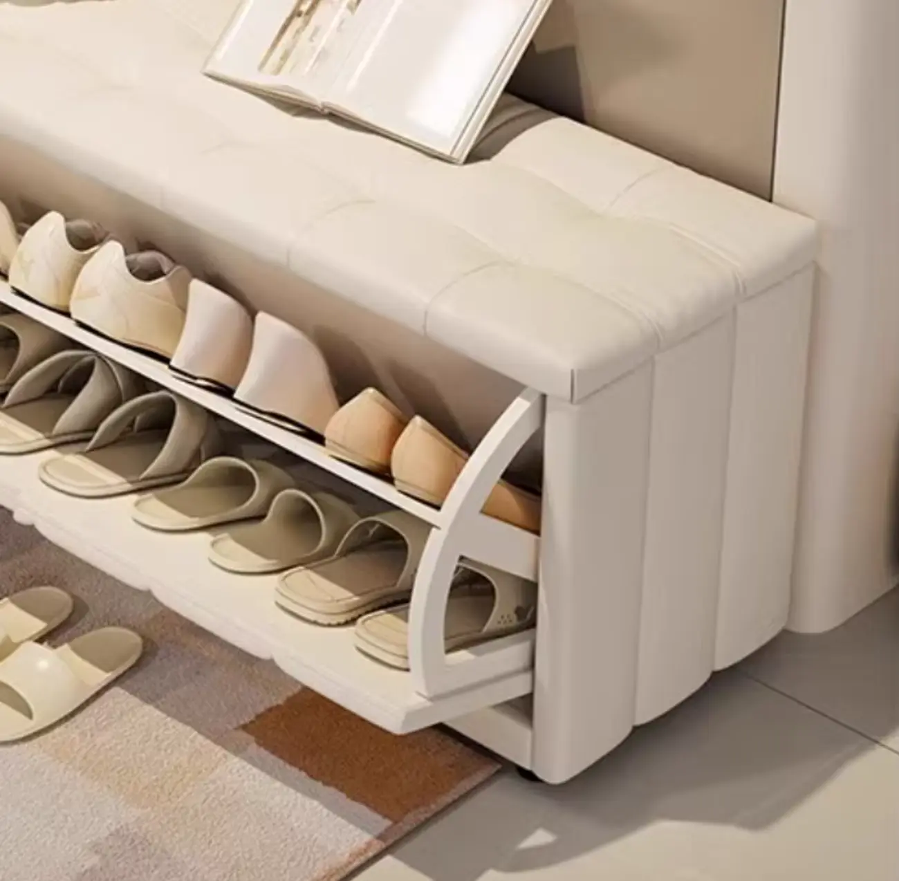 White Drop Front Wood Shoe Storage Bench with Cushion Image - 3 | homeyfad