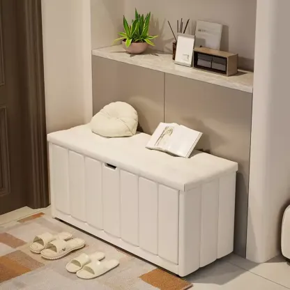 White Drop Front Wood Shoe Storage Bench with Cushion Image - 4