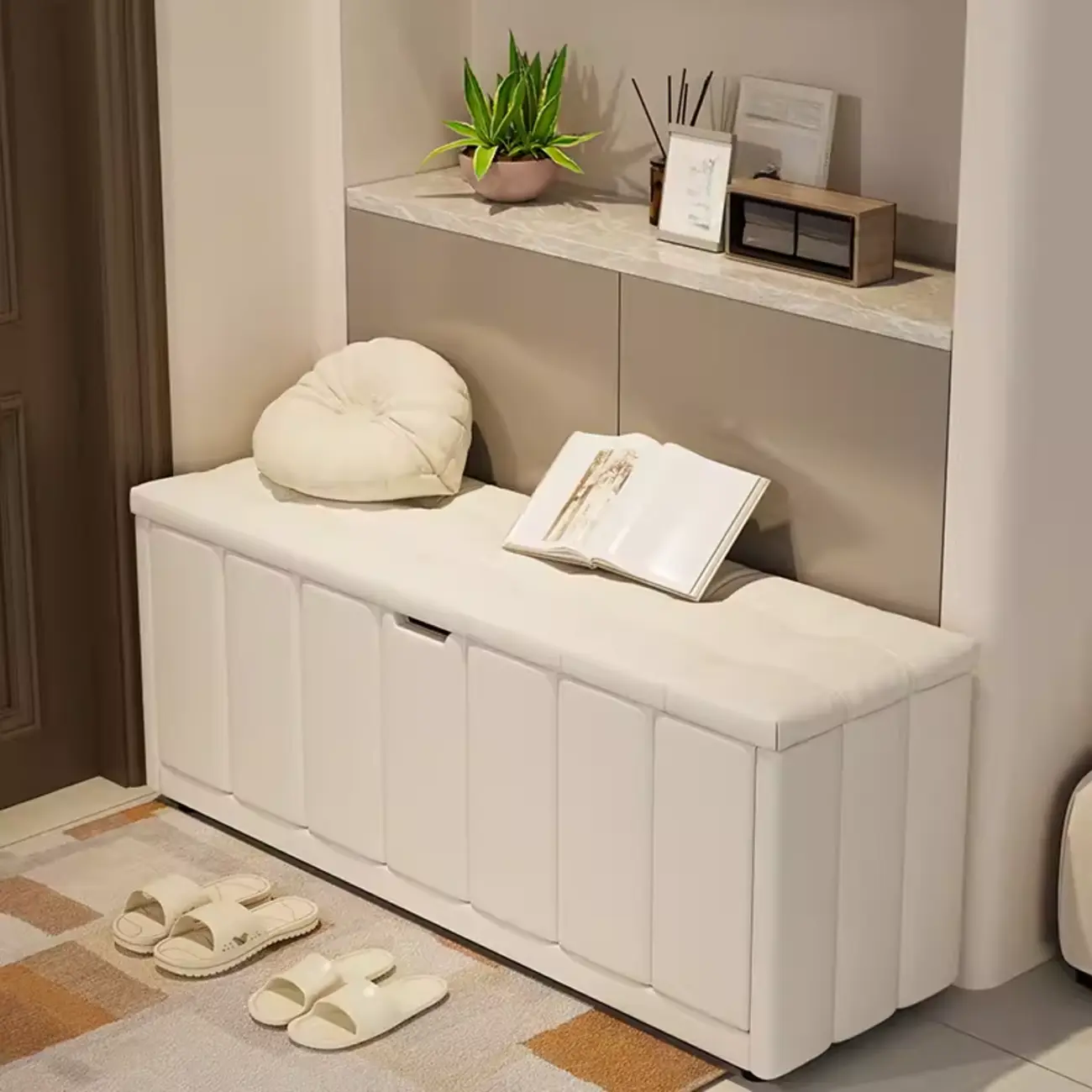 White Drop Front Wood Shoe Storage Bench with Cushion Image - 5 | homeyfad