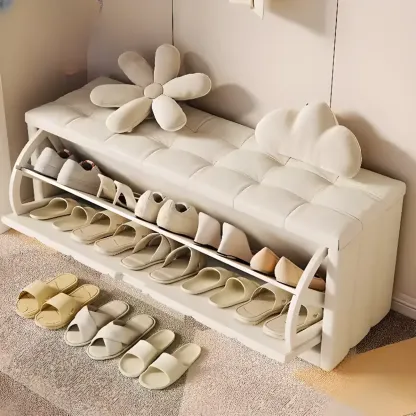 White Drop Front Wood Shoe Storage Bench with Cushion Image - 6