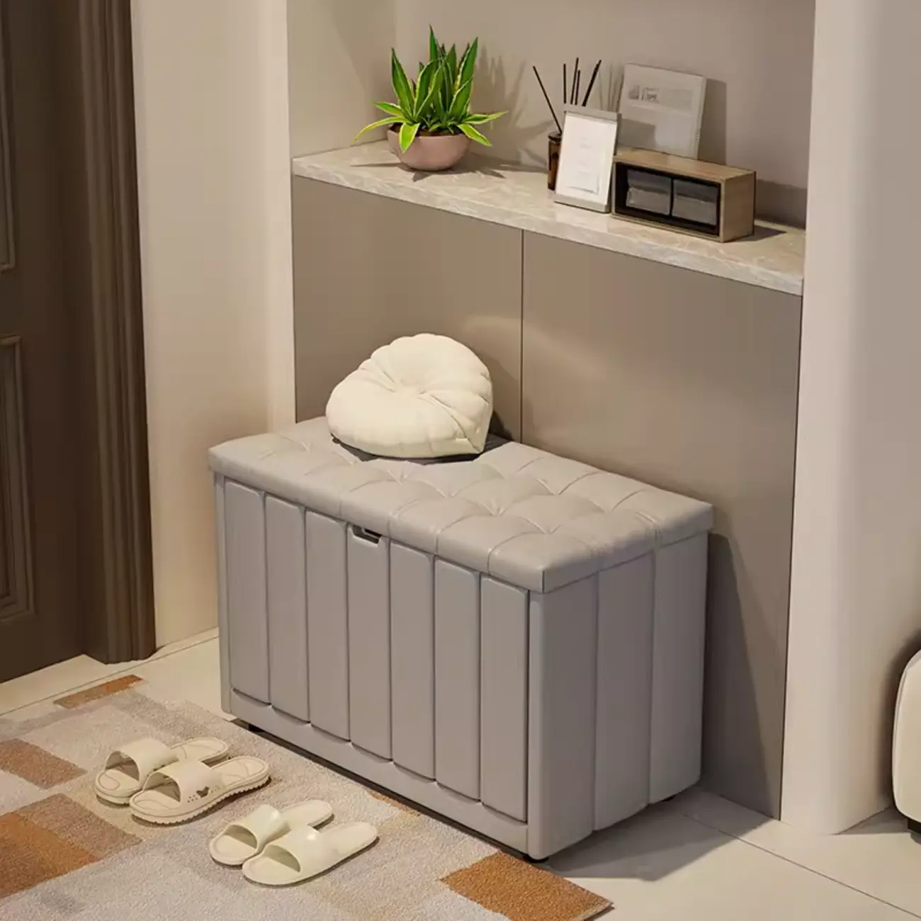 White Drop Front Wood Shoe Storage Bench with Cushion Image - 7 | homeyfad