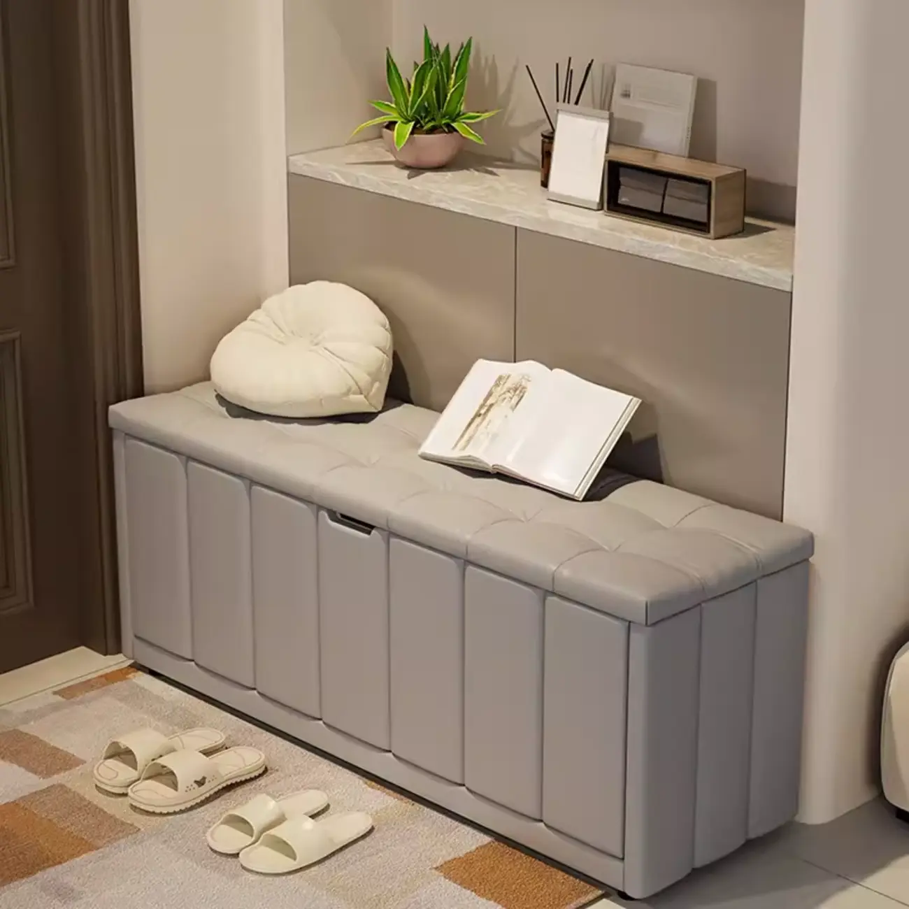 White Drop Front Wood Shoe Storage Bench with Cushion Image - 11 | homeyfad