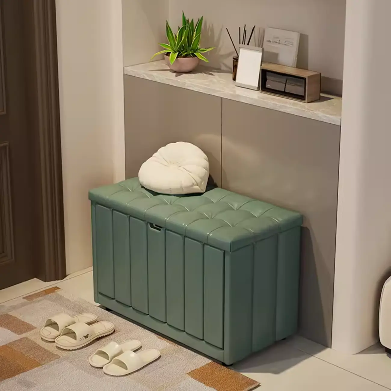 White Drop Front Wood Shoe Storage Bench with Cushion Image - 13 | homeyfad