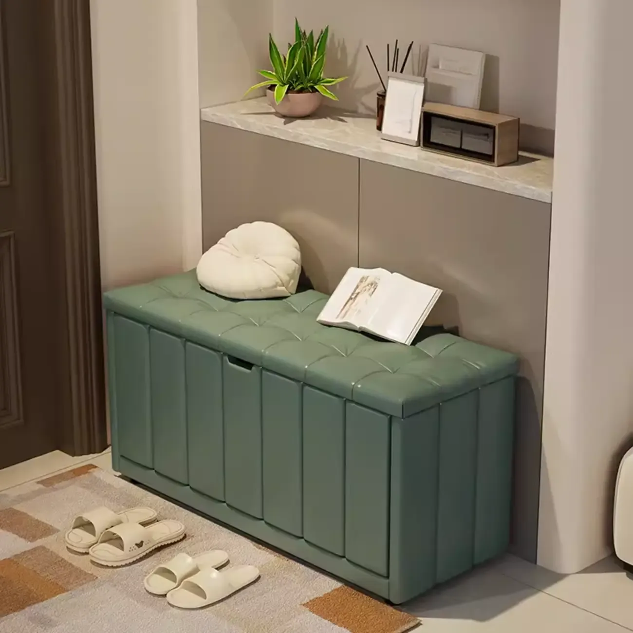 White Drop Front Wood Shoe Storage Bench with Cushion Image - 14