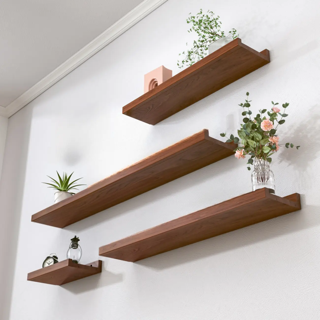 Contemporary Lumber Wall-fixed Rack Shelf, Walnut/Natural/White Image - 1 | homeyfad
