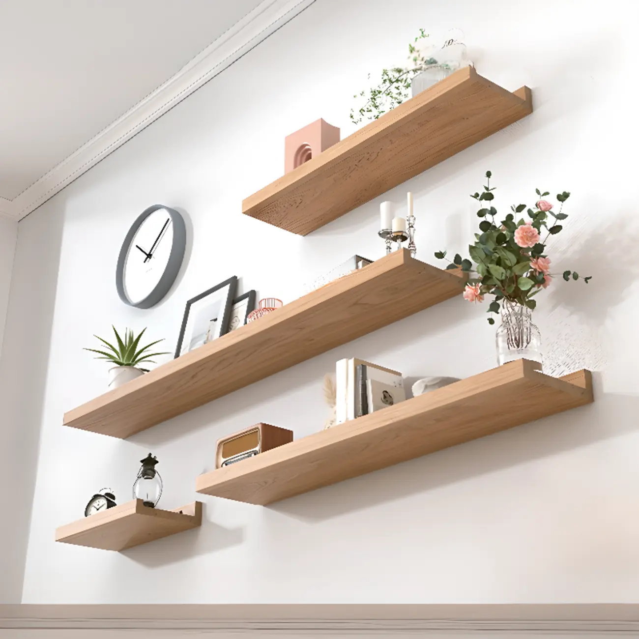 Contemporary Lumber Wall-fixed Rack Shelf, Walnut/Natural/White Image - 2 | homeyfad