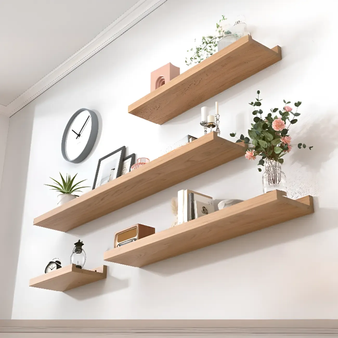 Contemporary Lumber Wall-fixed Rack Shelf, Walnut/Natural/White Image - 2