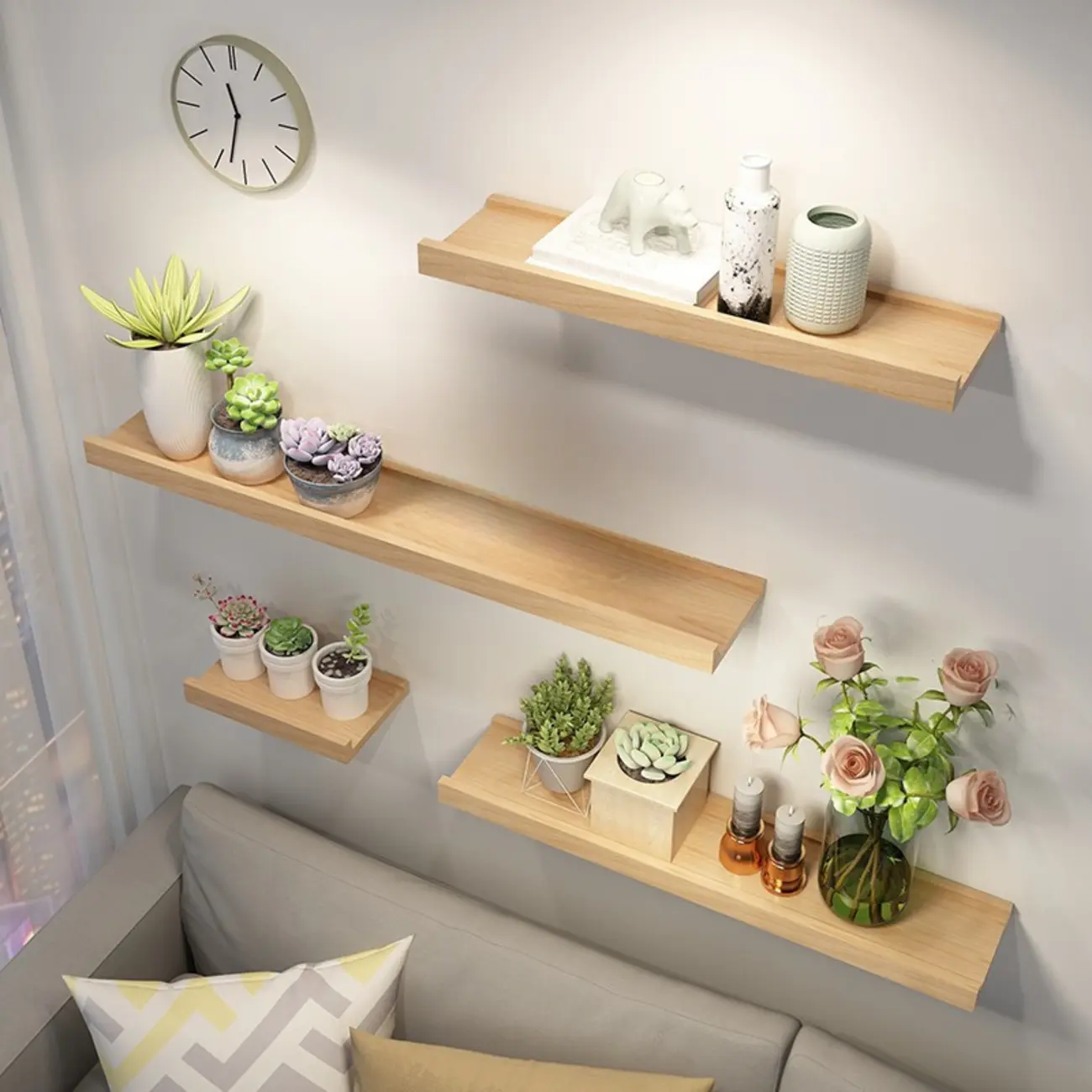 Contemporary Lumber Wall-fixed Rack Shelf, Walnut/Natural/White Image - 3 | homeyfad