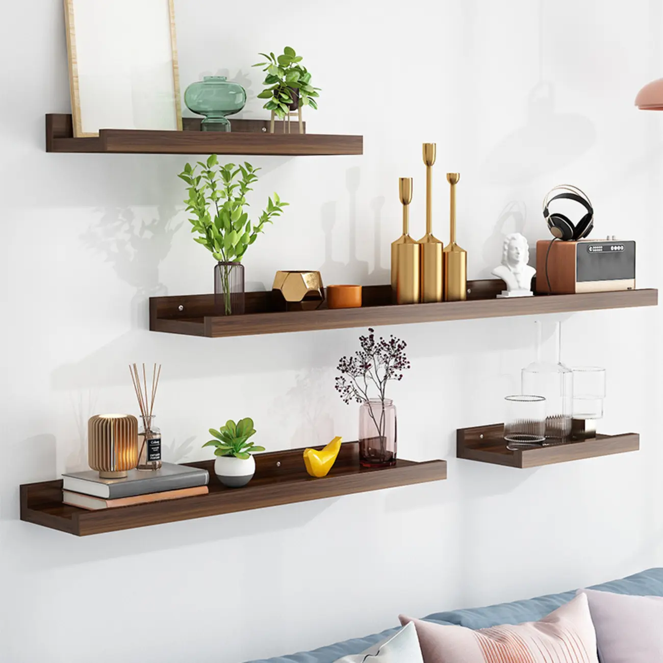 Contemporary Lumber Wall-fixed Rack Shelf, Walnut/Natural/White Image - 4 | homeyfad
