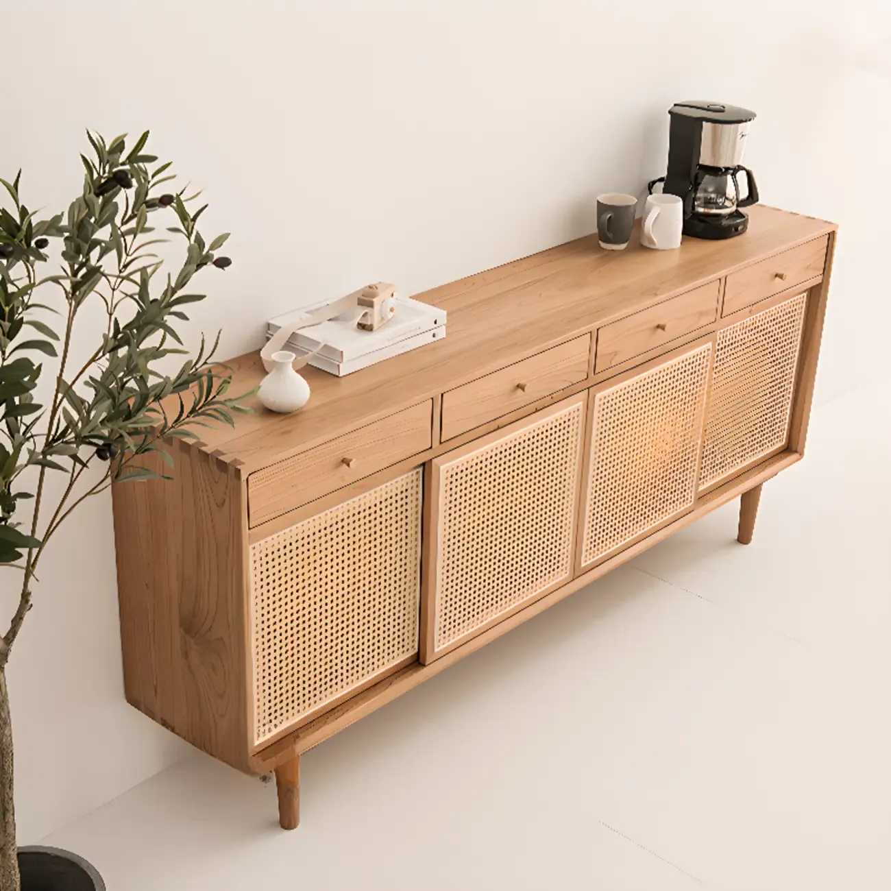 Scandinavian Natutal Wood Rattan Sideboard with Drawers Image - 3