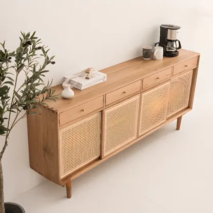 Scandinavian Natutal Wood Rattan Sideboard with Drawers Image - 3