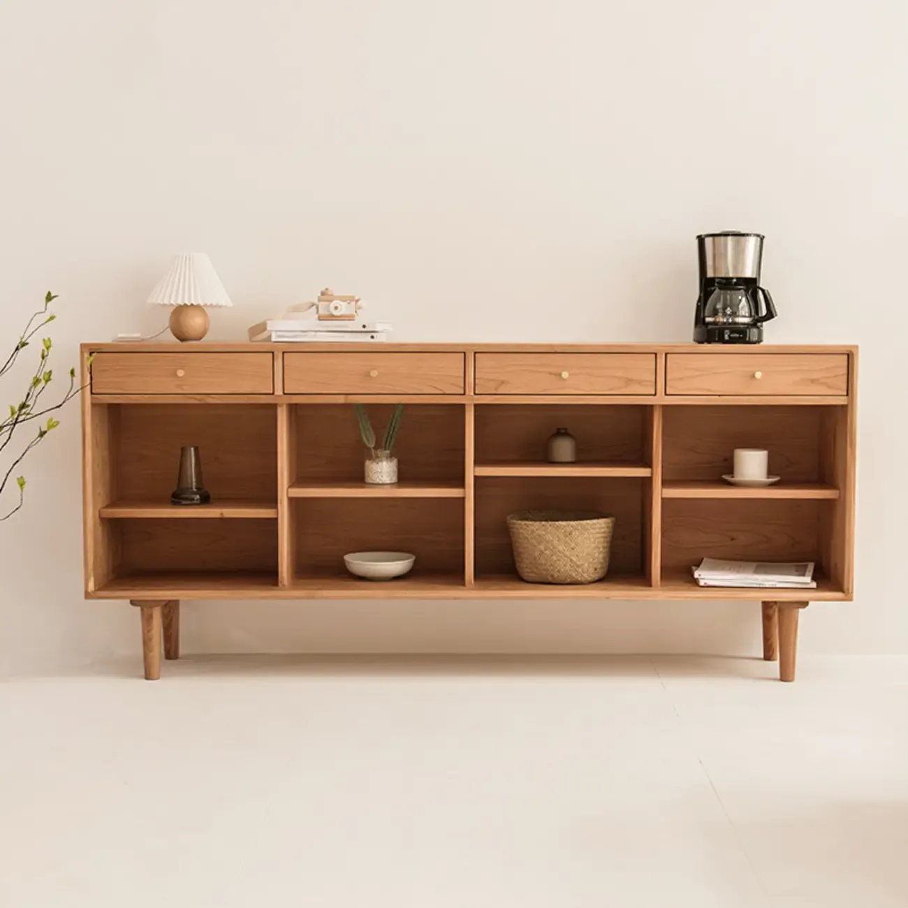 Scandinavian Natutal Wood Rattan Sideboard with Drawers Image - 2