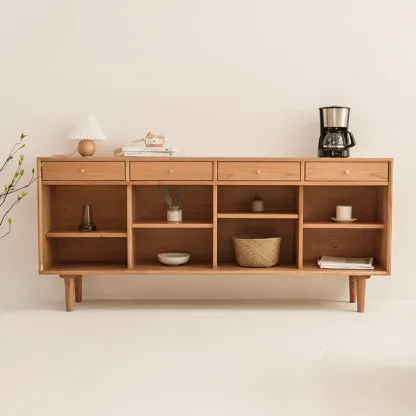 Scandinavian Natutal Wood Rattan Sideboard with Drawers Image - 2