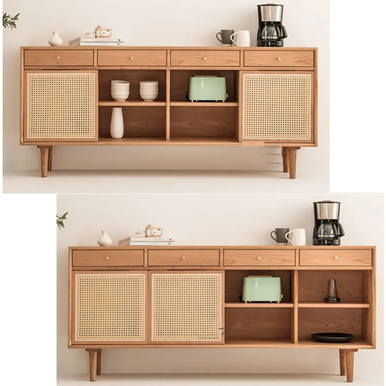 Scandinavian Natutal Wood Rattan Sideboard with Drawers Image - 4