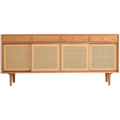 Scandinavian Natutal Wood Rattan Sideboard with Drawers Image - 6