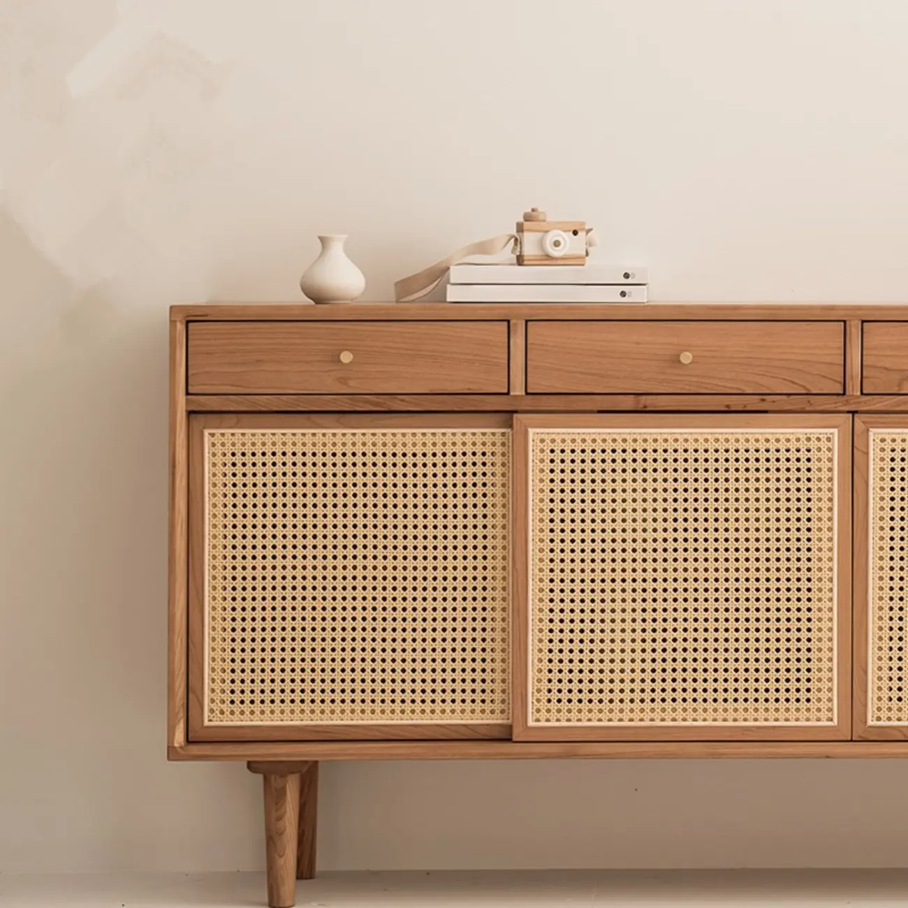 Scandinavian Natutal Wood Rattan Sideboard with Drawers Image - 8 | homeyfad