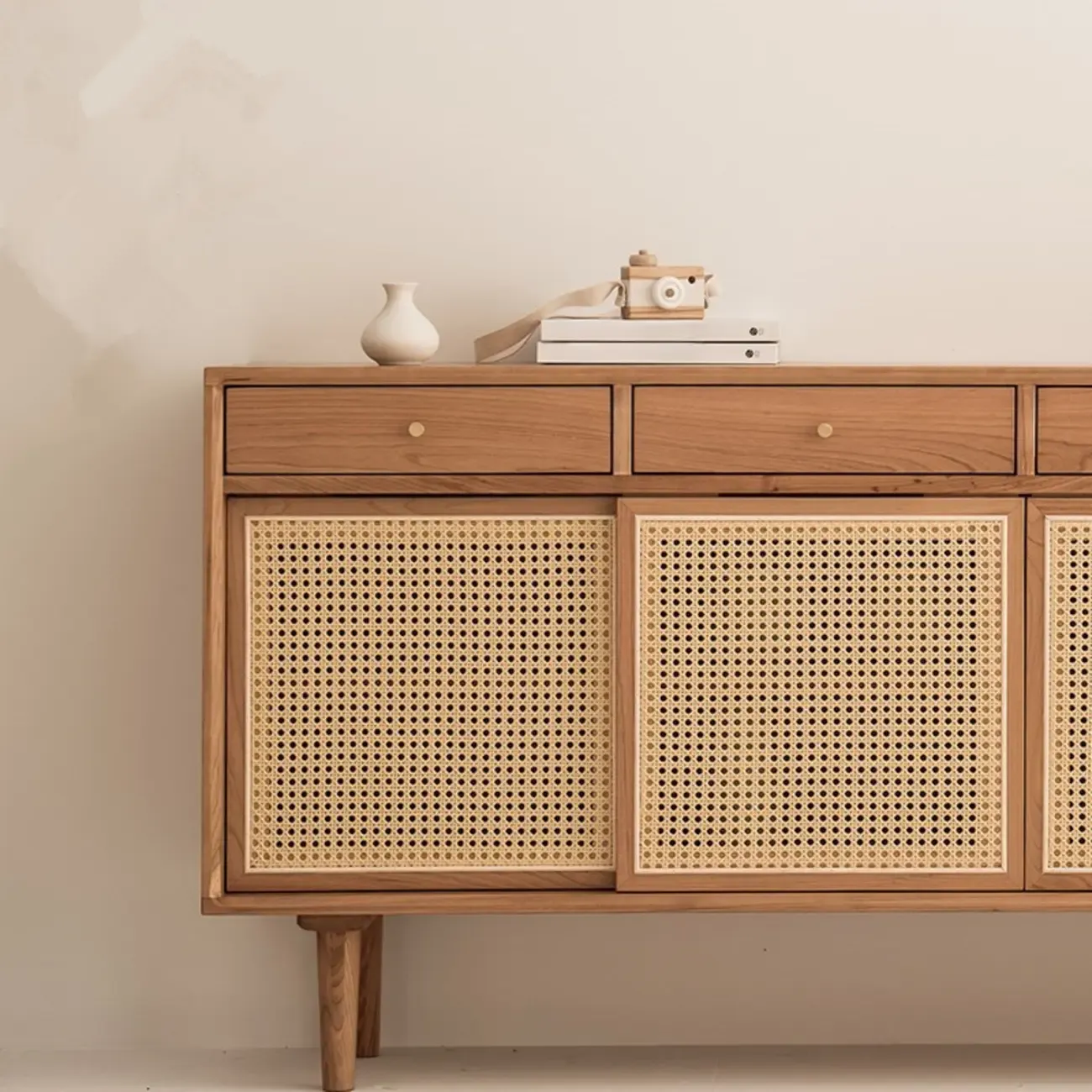 Scandinavian Natutal Wood Rattan Sideboard with Drawers Image - 8