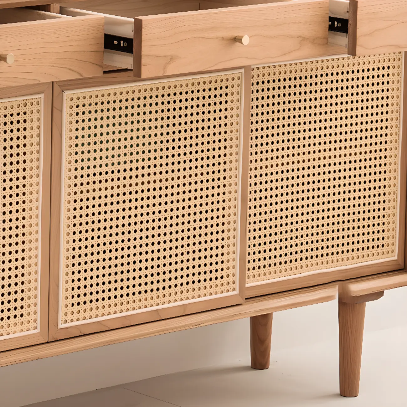 Scandinavian Natutal Wood Rattan Sideboard with Drawers Image - 9 | homeyfad