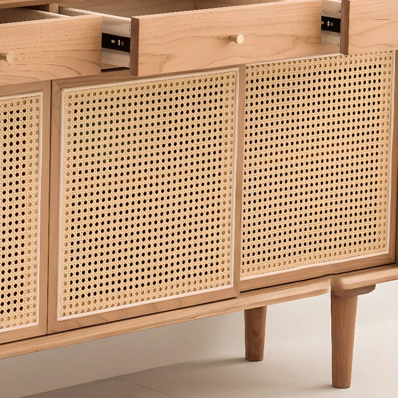Scandinavian Natutal Wood Rattan Sideboard with Drawers Image - 9