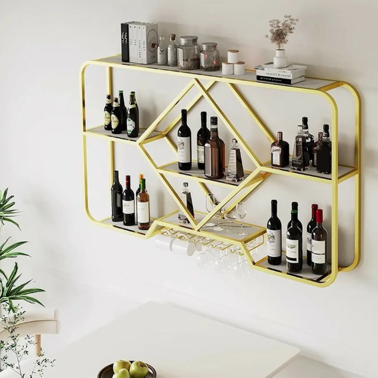 Gold Metal Diamond Wall-Mounted Wine Glass Rack Image - 4 | homeyfad