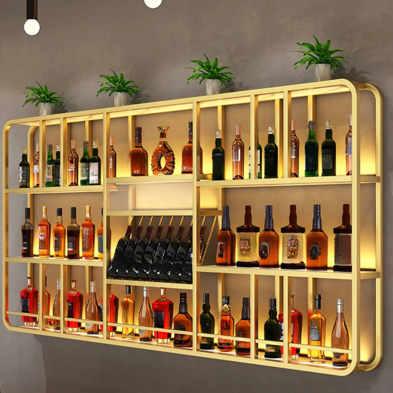 Glam Gold Wall-Mounted Open Wine Bottle Rack Image - 2 | homeyfad