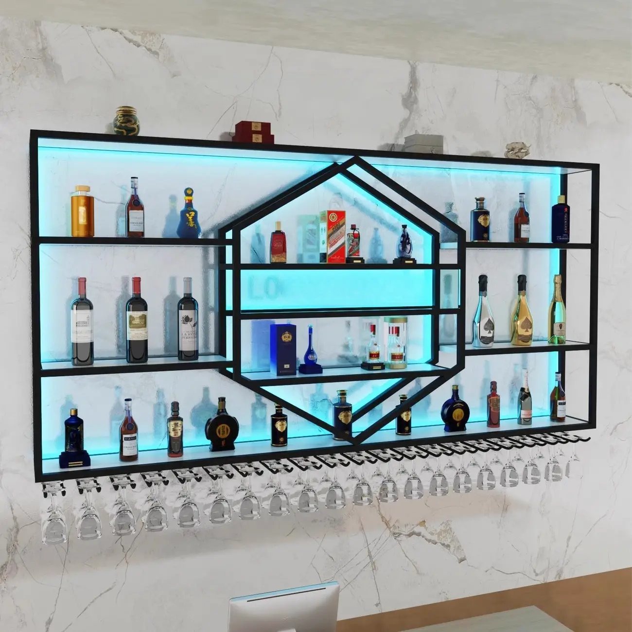 Geometric Metal Black Floating Wine Rack with Light Image - 1 | homeyfad