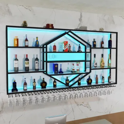 Geometric Metal Black Floating Wine Rack with Light Image - 1