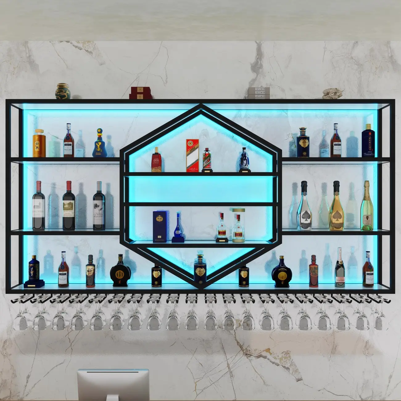 Geometric Metal Black Floating Wine Rack with Light Image - 2 | homeyfad