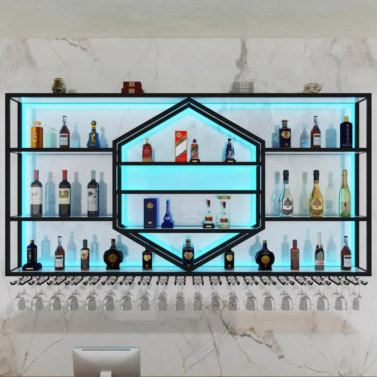 Geometric Metal Black Floating Wine Rack with Light Image - 2