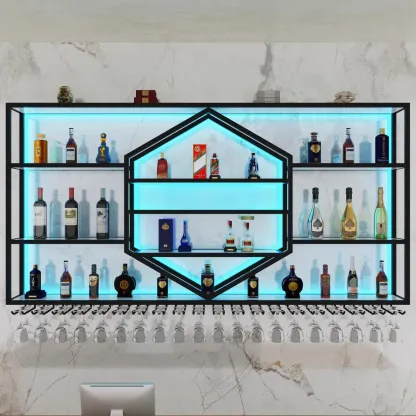 Geometric Metal Black Floating Wine Rack with Light Image - 2