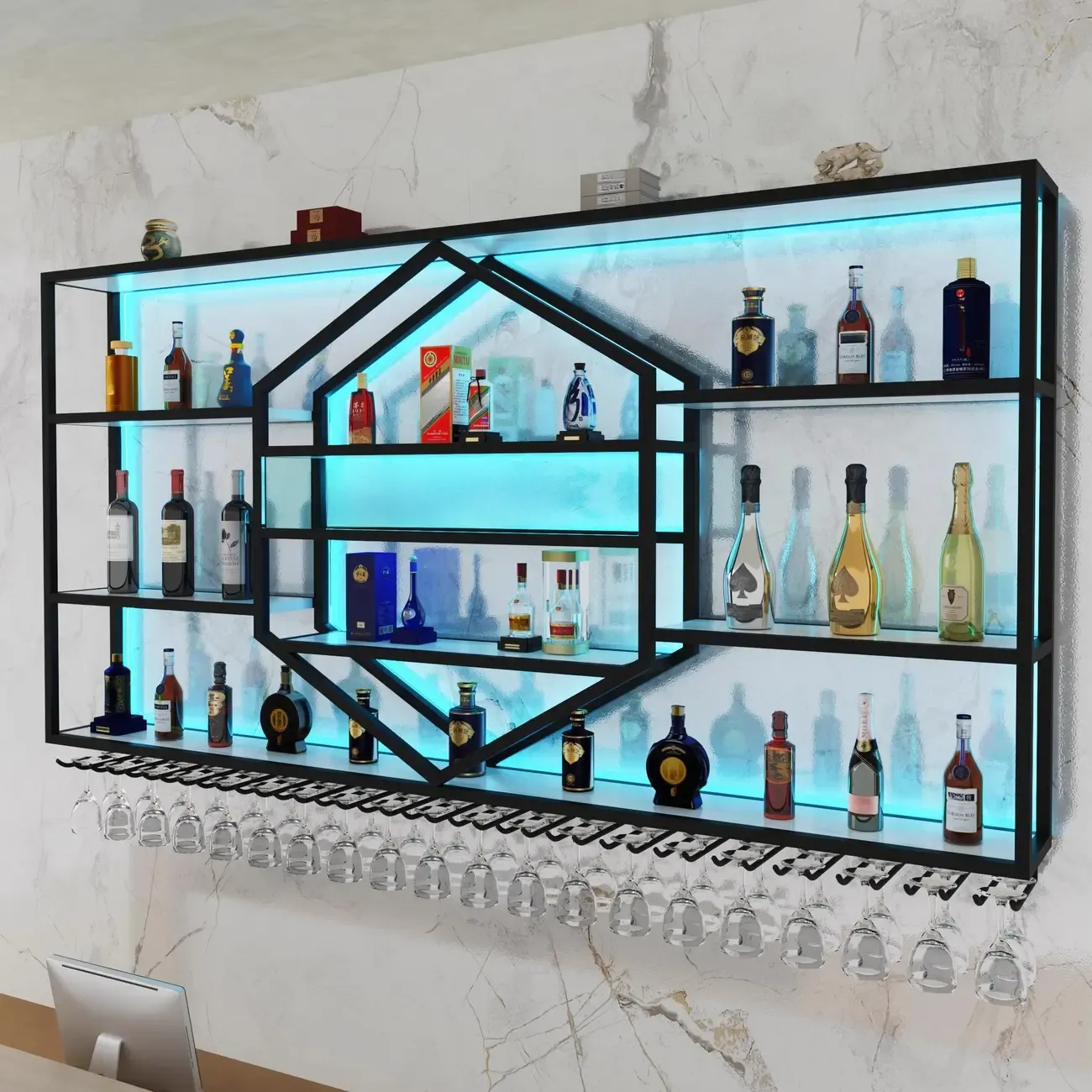 Geometric Metal Black Floating Wine Rack with Light Image - 5