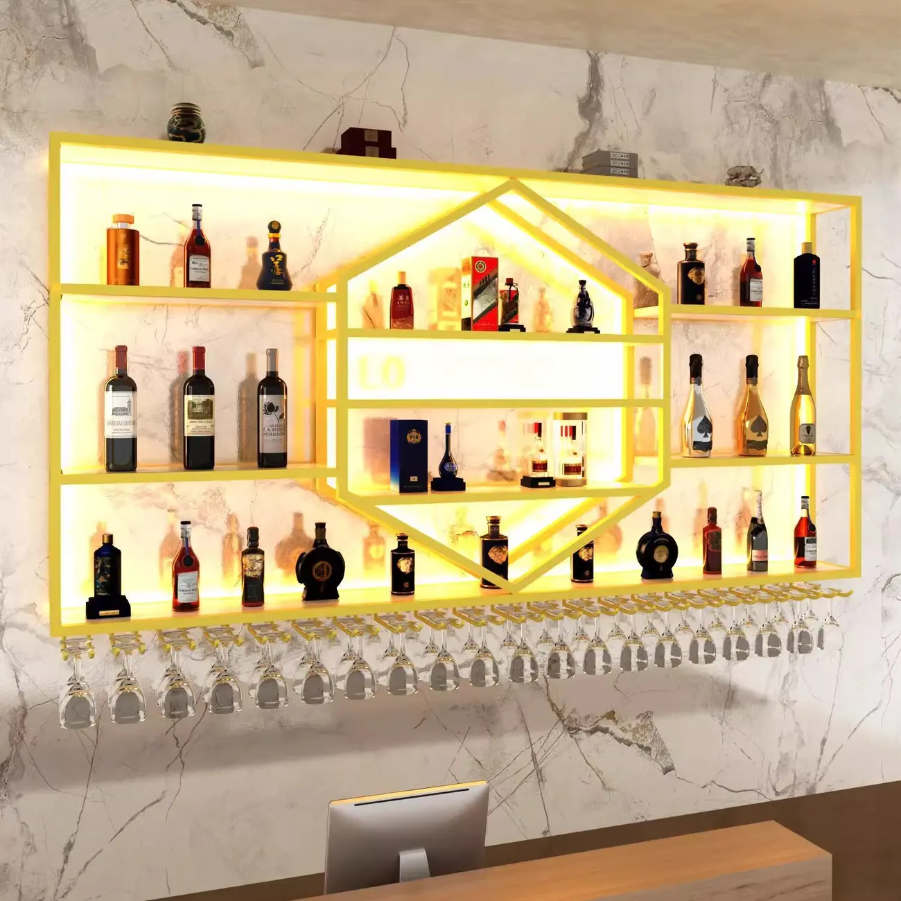 Geometric Metal Black Floating Wine Rack with Light Image - 6 | homeyfad