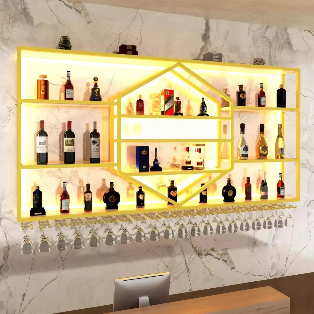 Geometric Metal Black Floating Wine Rack with Light Image - 6