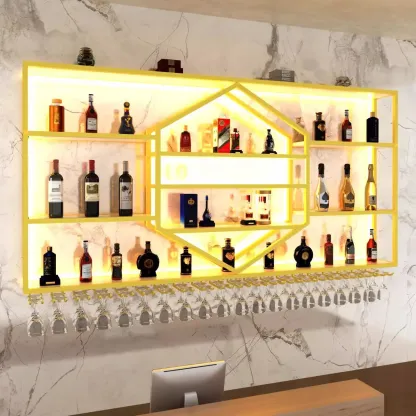 Geometric Metal Black Floating Wine Rack with Light Image - 6