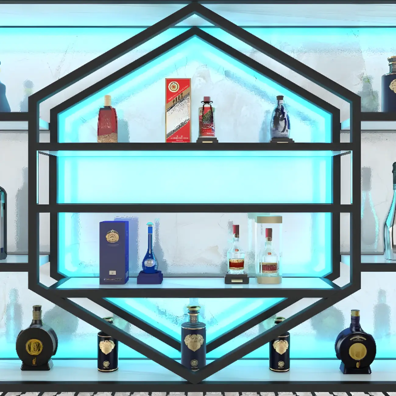 Geometric Metal Black Floating Wine Rack with Light Image - 7 | homeyfad