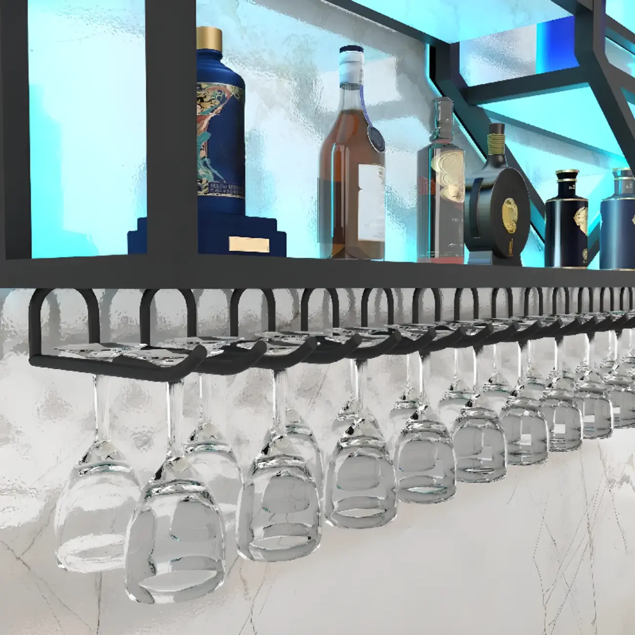 Geometric Metal Black Floating Wine Rack with Light Image - 8 | homeyfad