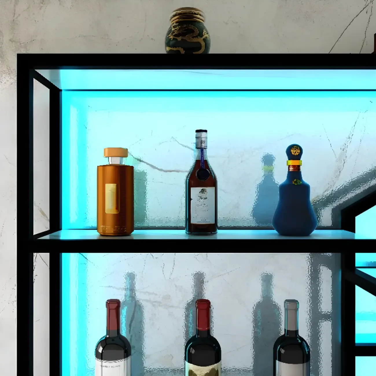 Geometric Metal Black Floating Wine Rack with Light Image - 9