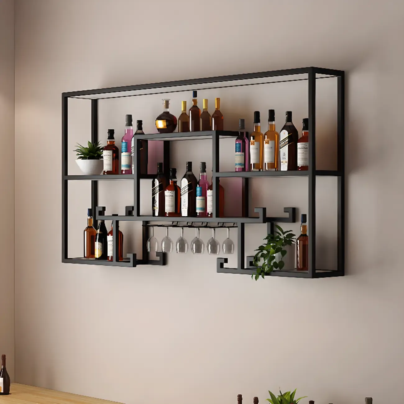 Multi-Shelf Metal Wall-Mounted Wine Bottle & Glass Rack Image - 3