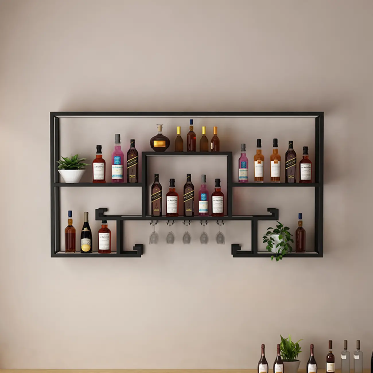 Multi-Shelf Metal Wall-Mounted Wine Bottle & Glass Rack Image - 1 | homeyfad