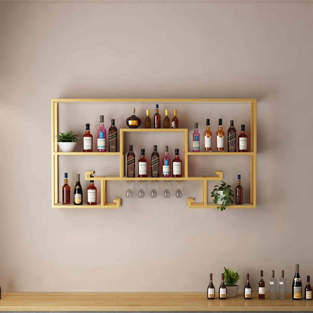 Multi-Shelf Metal Wall-Mounted Wine Bottle & Glass Rack Image - 2 | homeyfad