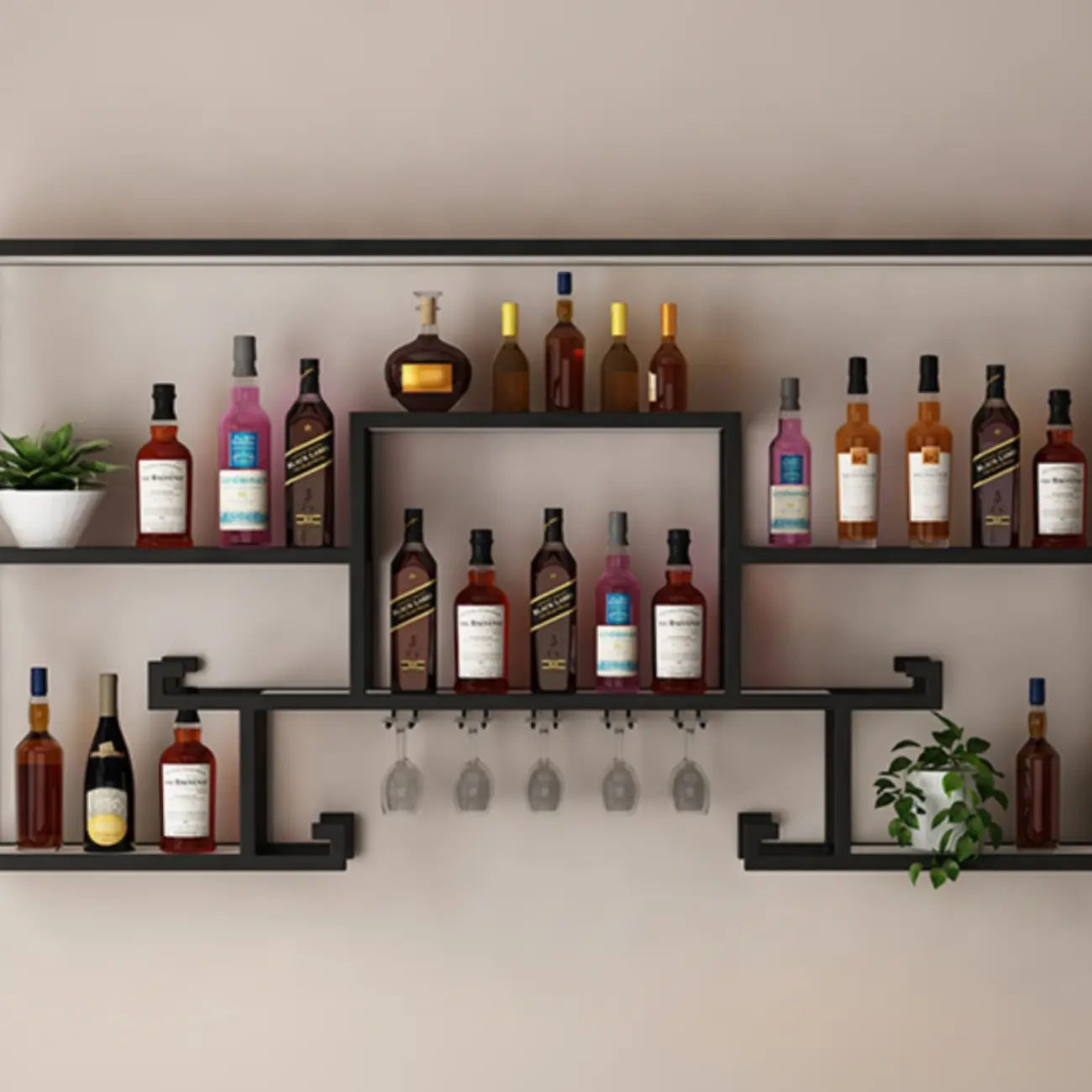 Multi-Shelf Metal Wall-Mounted Wine Bottle & Glass Rack Image - 4 | homeyfad