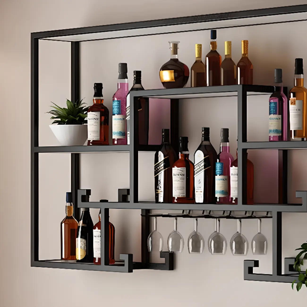 Multi-Shelf Metal Wall-Mounted Wine Bottle & Glass Rack Image - 6 | homeyfad