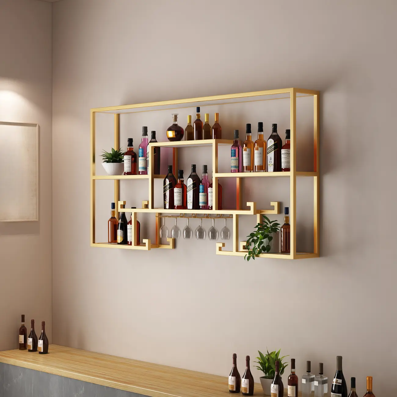 Multi-Shelf Metal Wall-Mounted Wine Bottle & Glass Rack Image - 8 | homeyfad