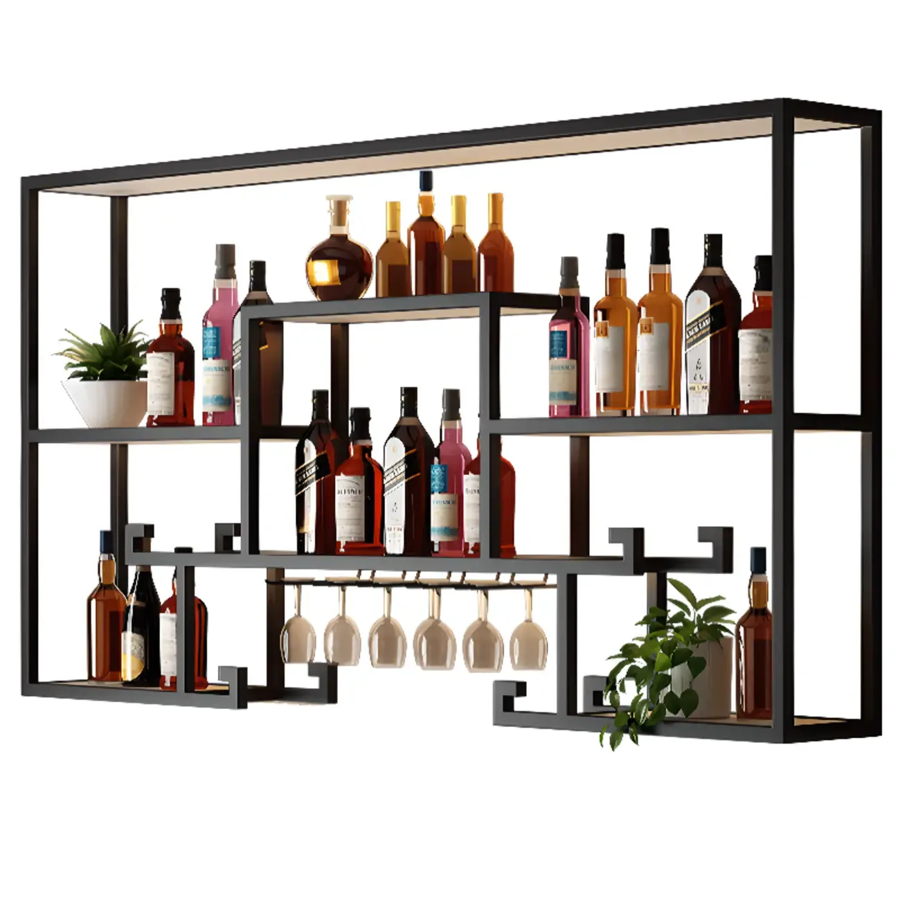 Multi-Shelf Metal Wall-Mounted Wine Bottle & Glass Rack Image - 9