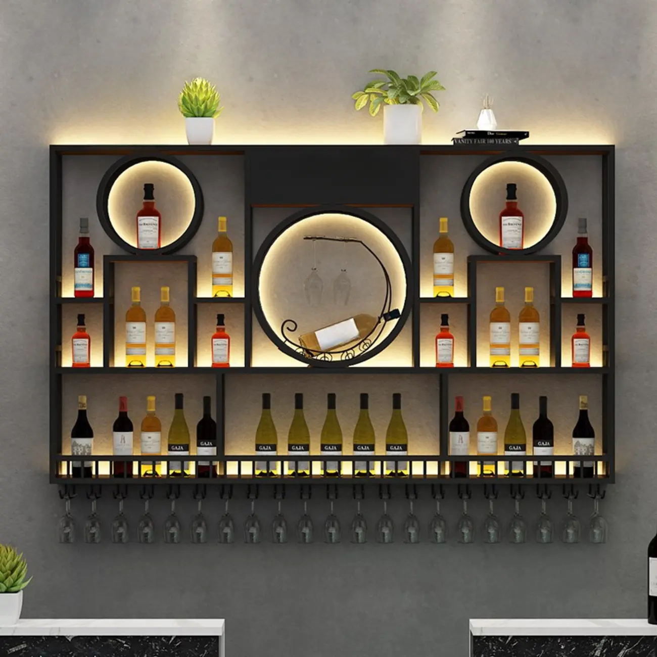 Glam Metal Wall-Mounted Wine Rack with Light Image - 1 | homeyfad