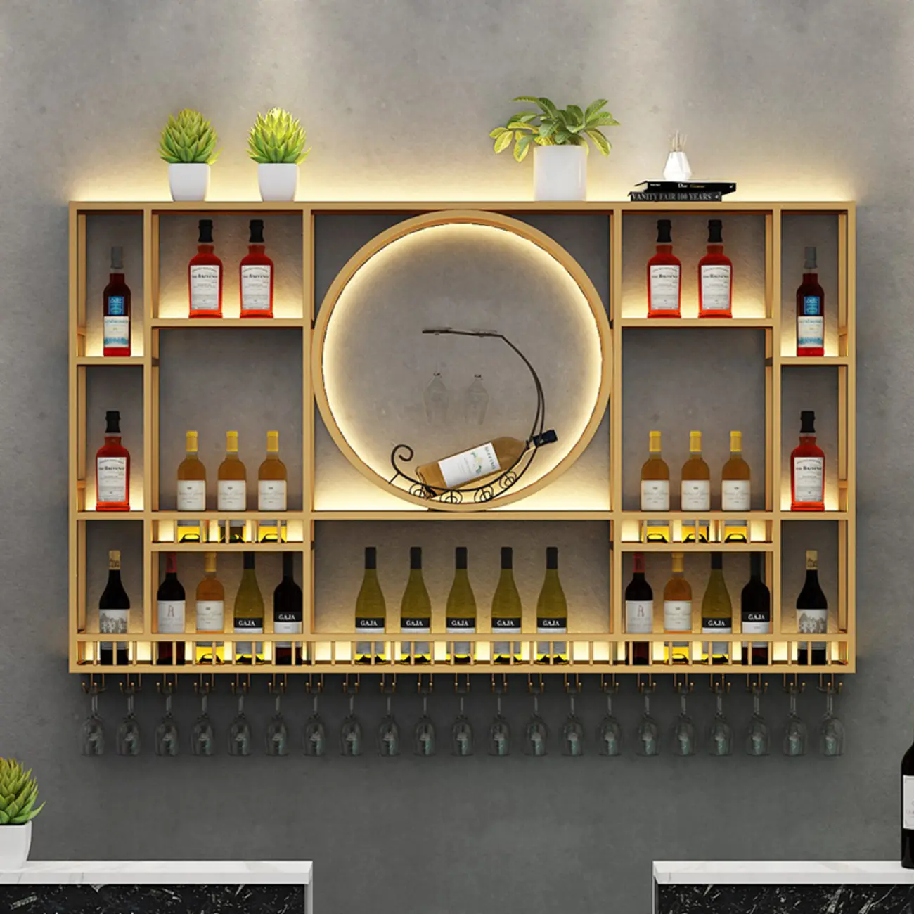 Glam Metal Wall-Mounted Wine Rack with Light Image - 2 | homeyfad