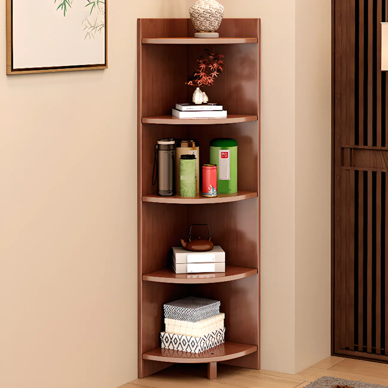 Narrow 5-Tier Natural Wood Corner Bookcase Image - 3 | homeyfad